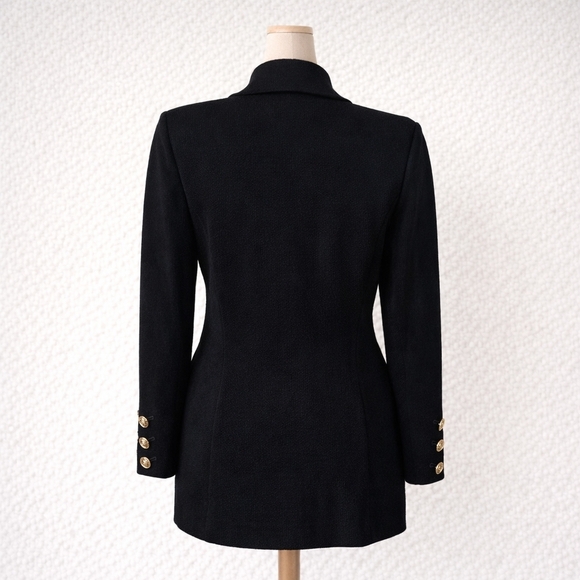 ST. JOHN BASICS Santana Knit Blazer Black Gold Crest Buttons Made In USA Size 12 - Picture 2 of 9